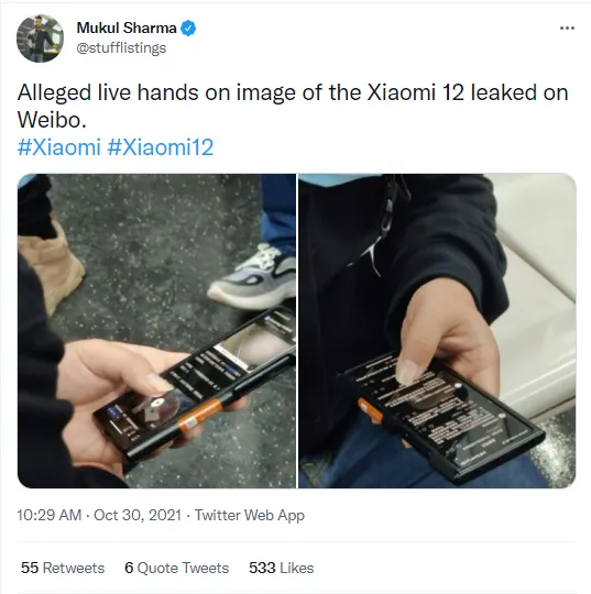 Tweet salah satu penampakan Xiaomi 12